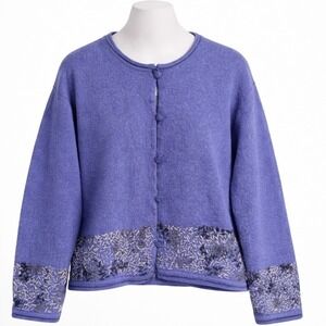 Vintage Sigrid Olsen Shetland Wool Cardigan Womens LP Purple Embroidered Cottage